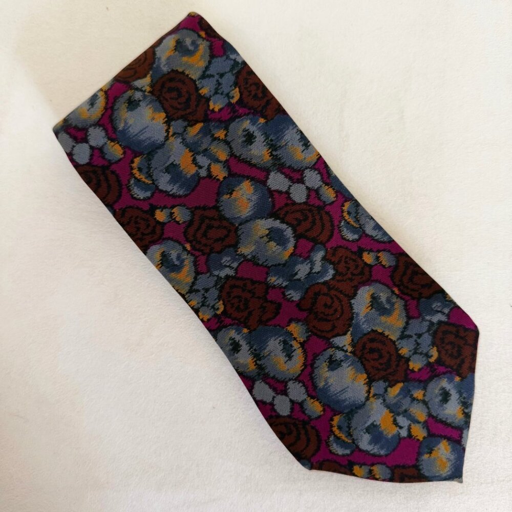 Andrew Fezza Neck Tie Floral Abstract 100% Silk Menswear Blue Burgundy Handmade